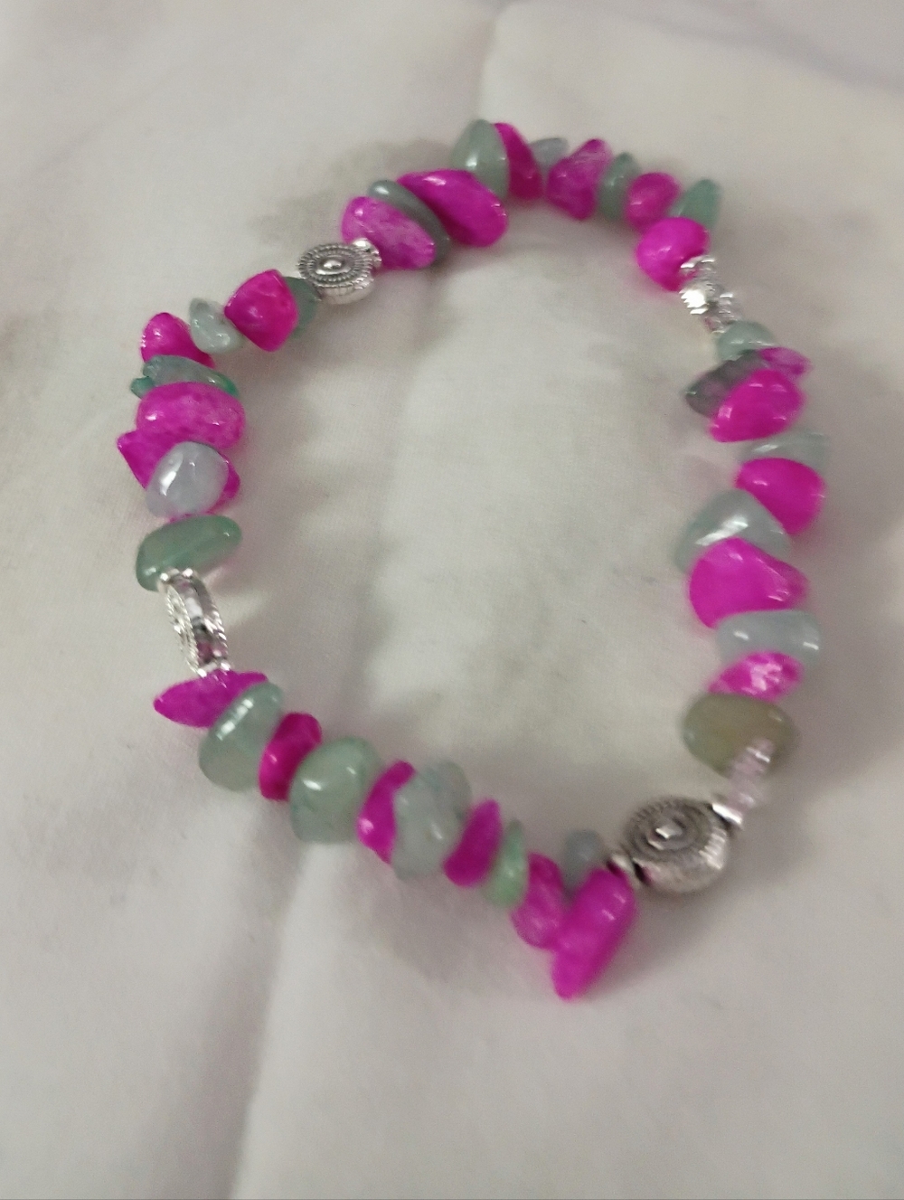 Handmade Pink & Green Gemstone Beaded Stretch Bracelet